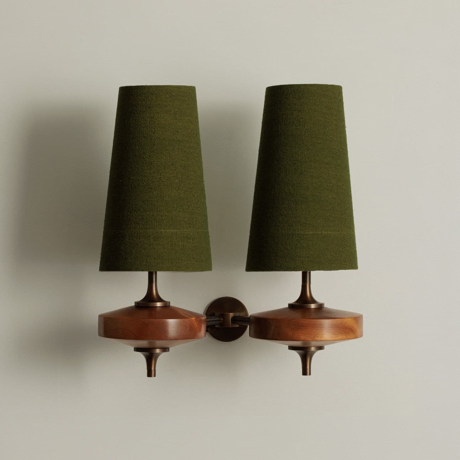 Walnut Double Wall Sconce with Fabric Shades