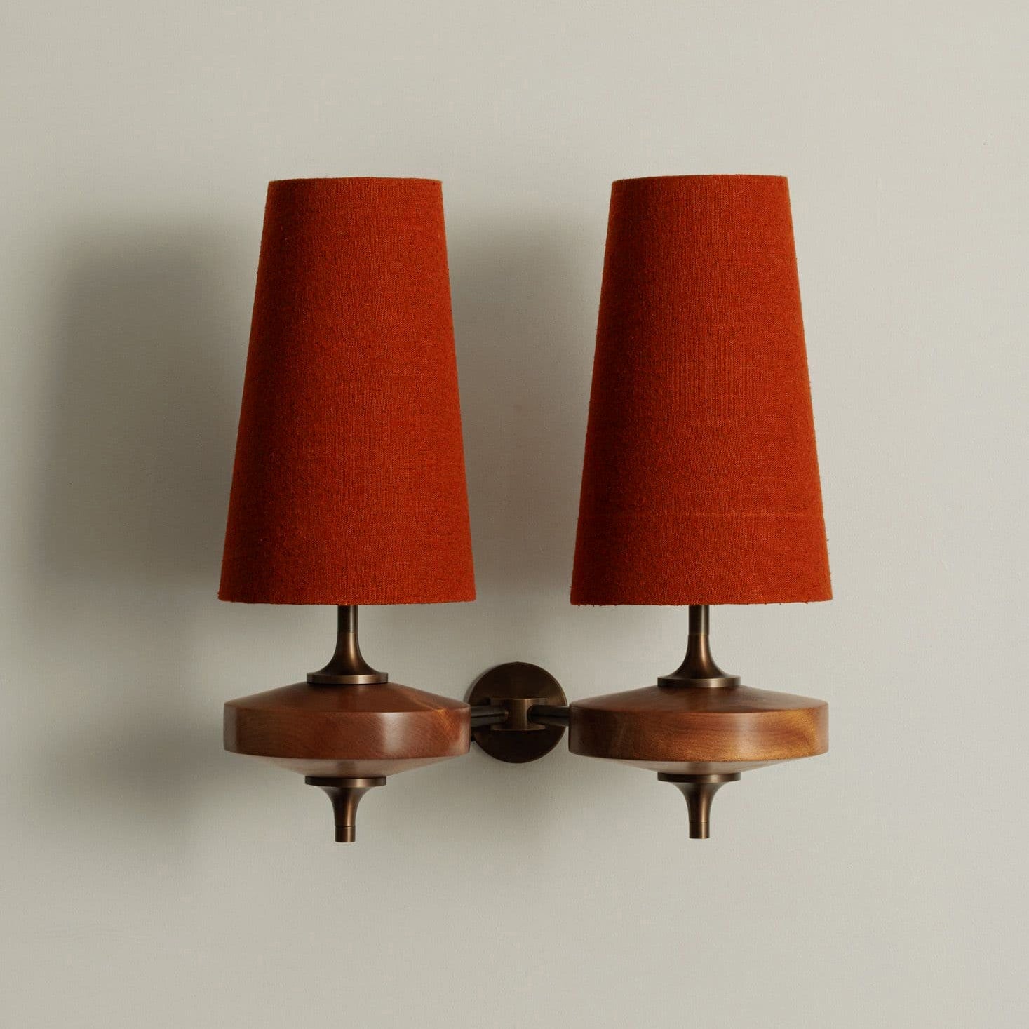 Walnut Double Wall Sconce with Fabric Shades