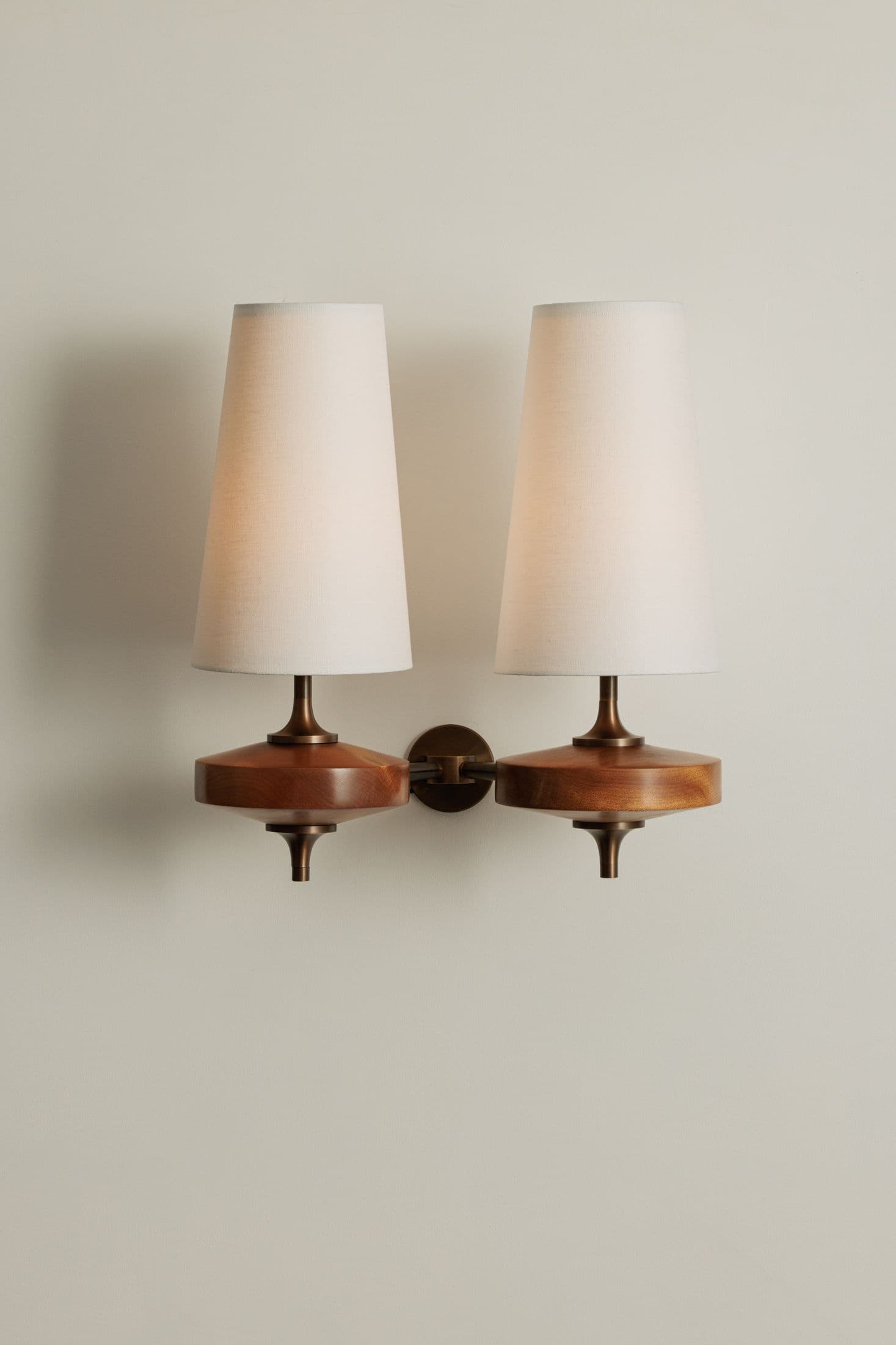 Walnut Double Wall Sconce with Fabric Shades