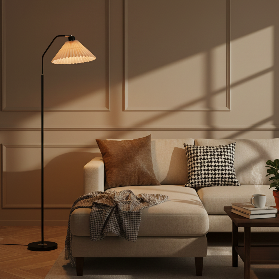 Iron Pleated Shade Floor Lamp with Curved Arm