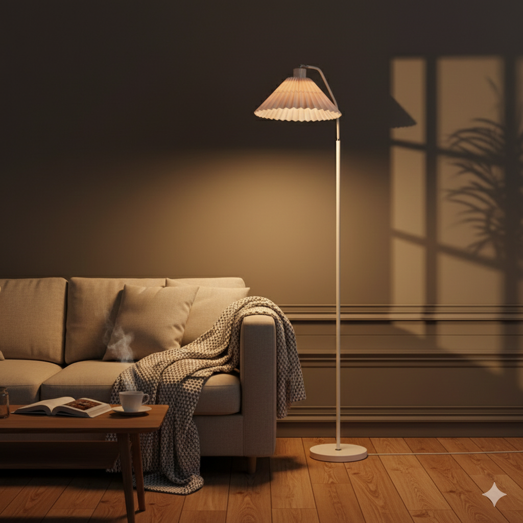 Iron Pleated Shade Floor Lamp with Curved Arm