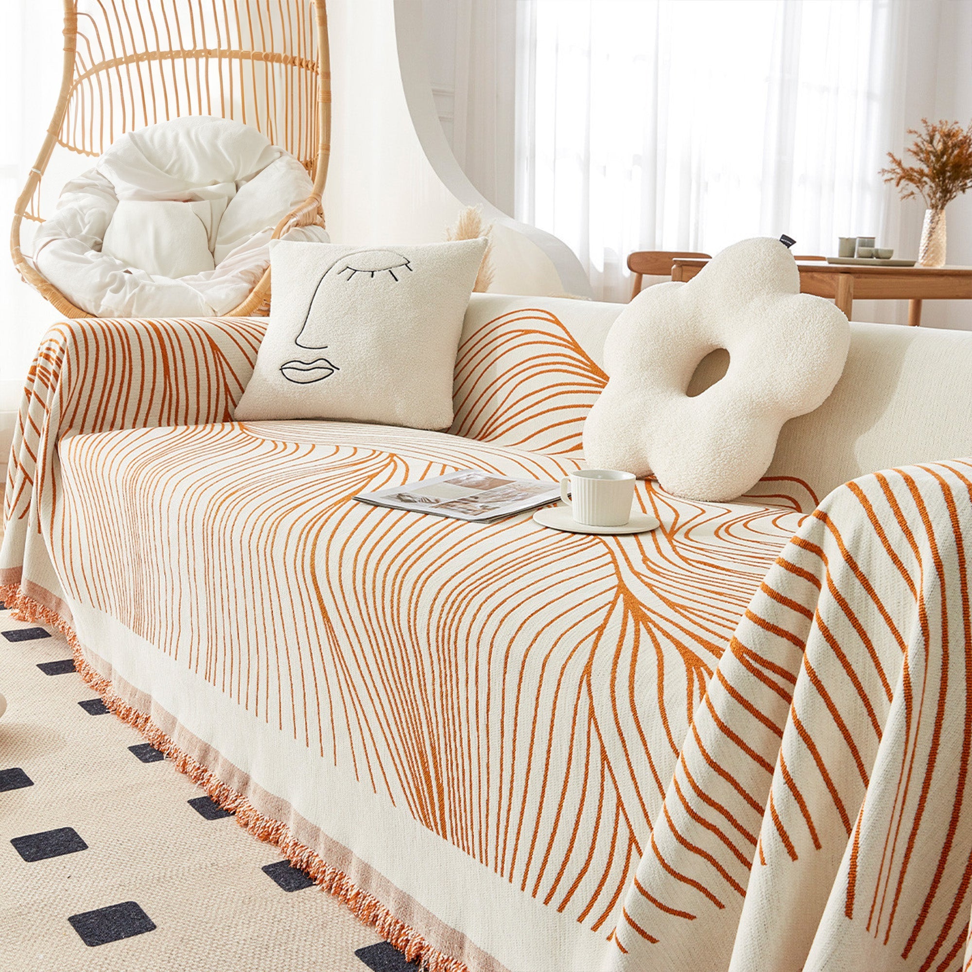Jacquard Sofa Cover with Curved Line Pattern