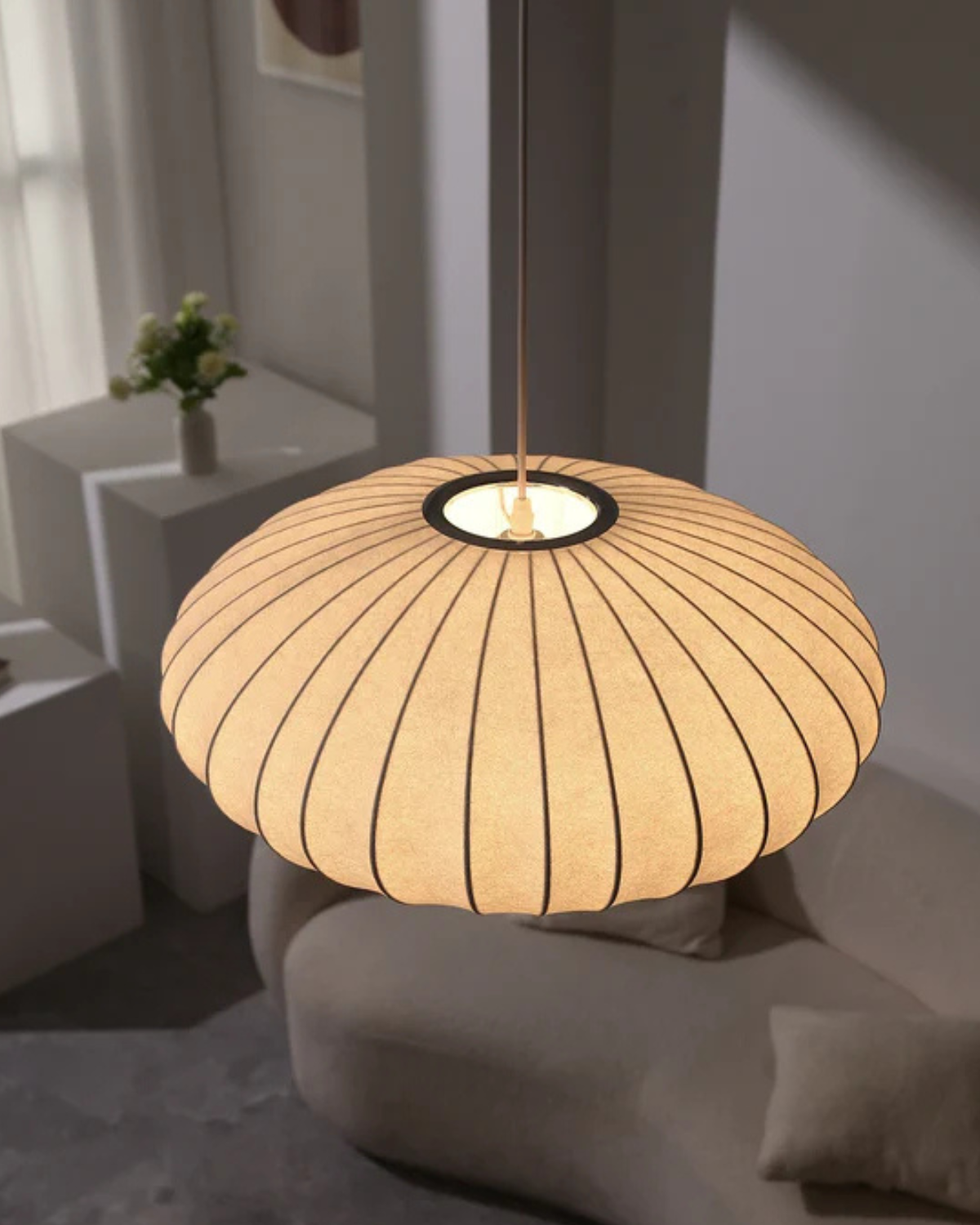 Japanese Ribbed Fabric Round Pendant Light