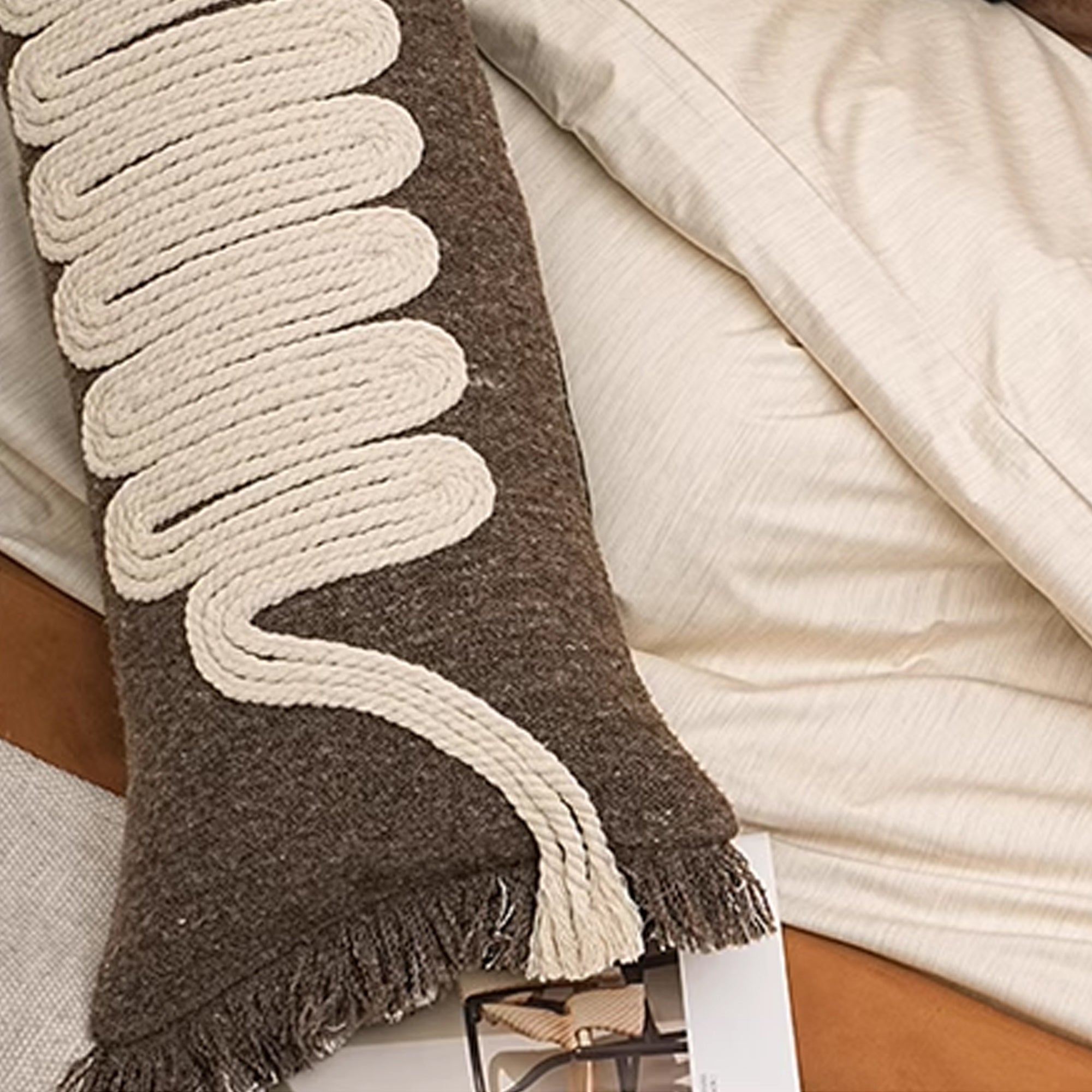 Knotted Rope Lumbar Pillow with Side Fringe
