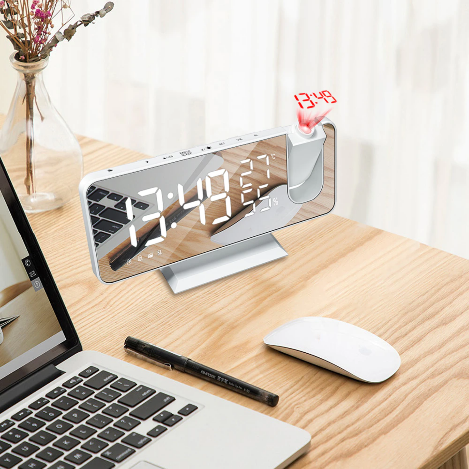 Mirror LED Alarm Clock with Time Projection
