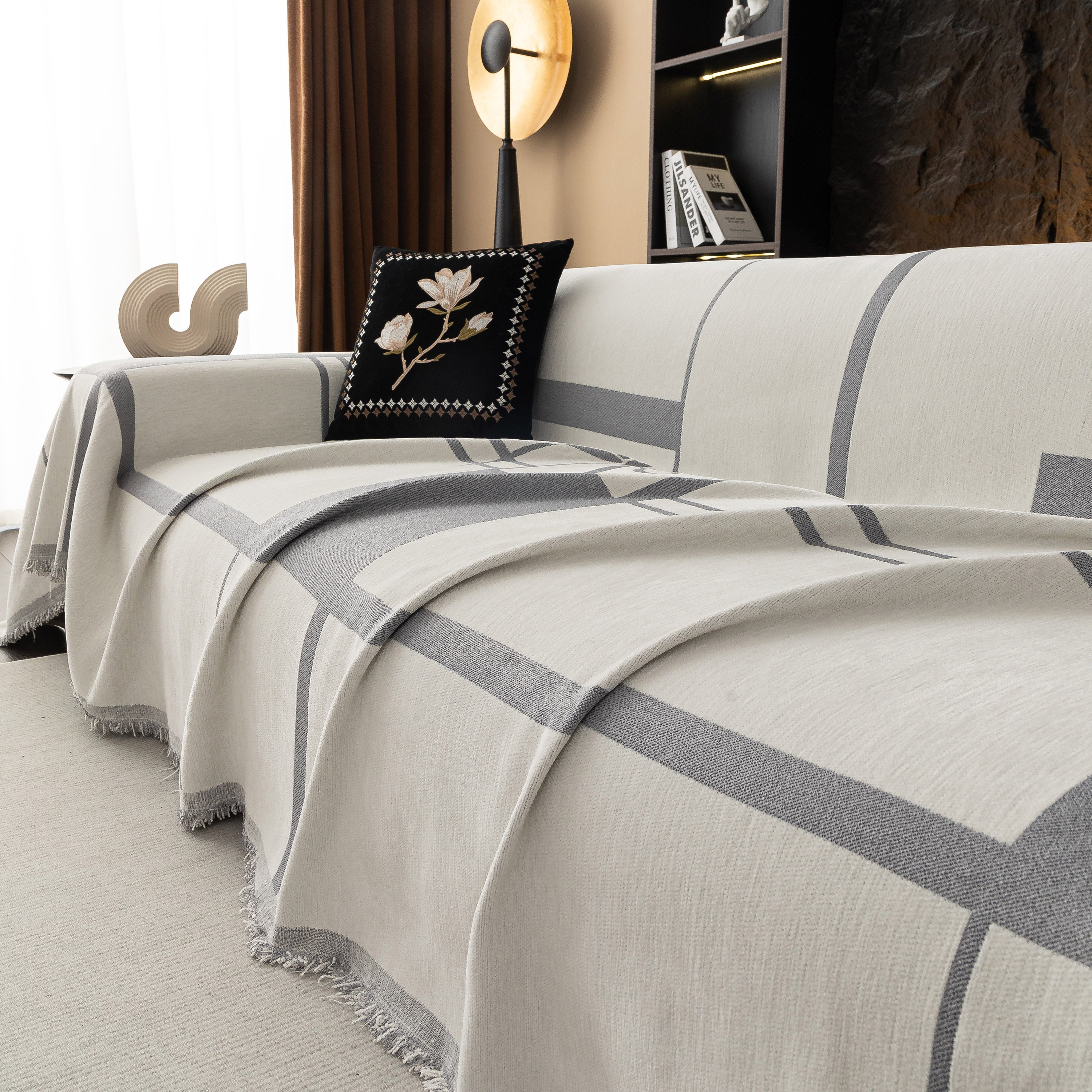 Modern Plaid Chenille Sofa Throw with Tassels