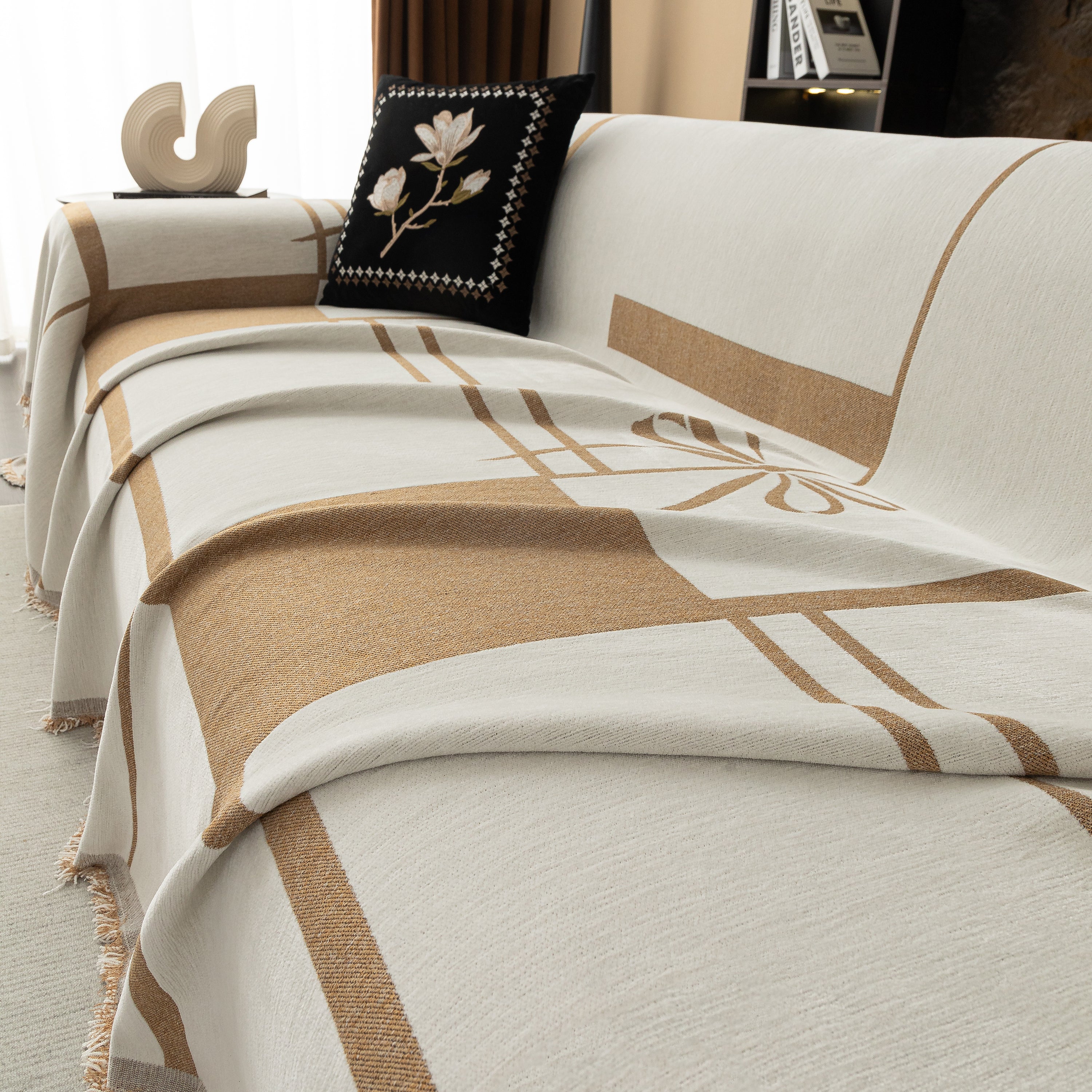 Modern Plaid Chenille Sofa Throw with Tassels