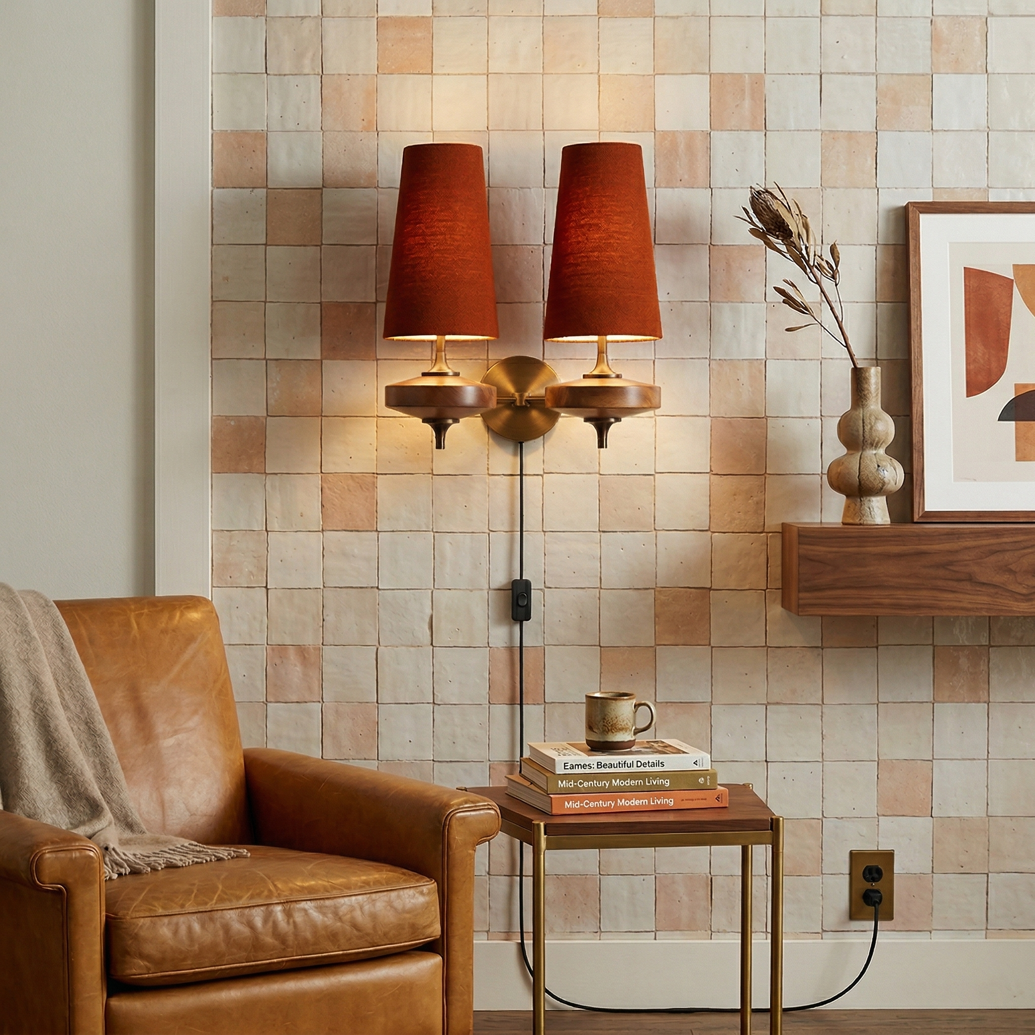 Modern Walnut Plug-In Double Wall Sconce Lamp