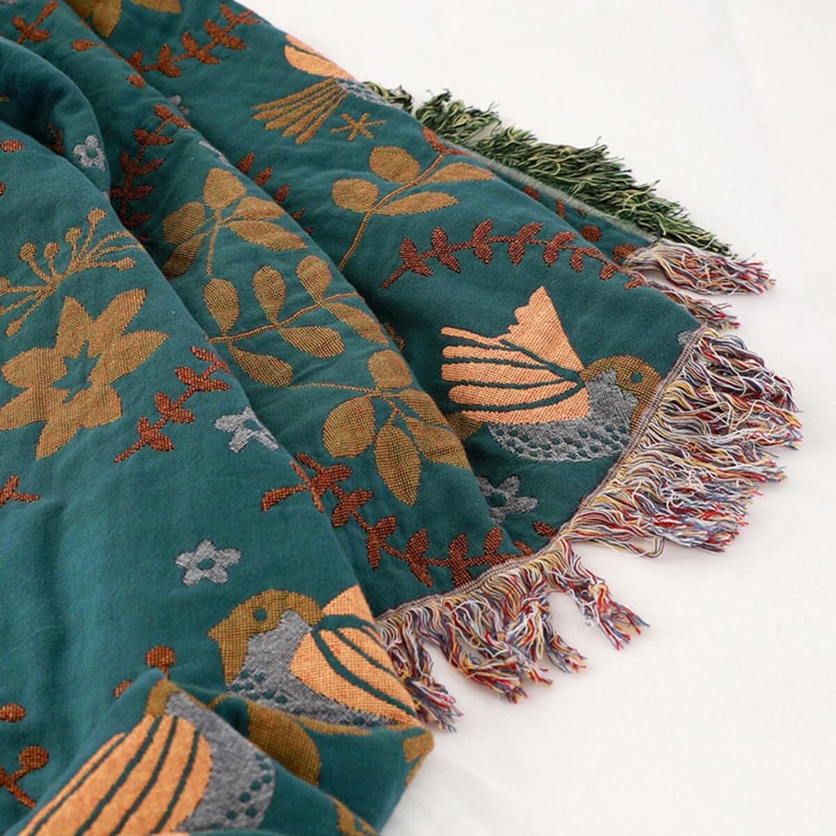Nordic Bird Throw Blanket with Woven Fringe