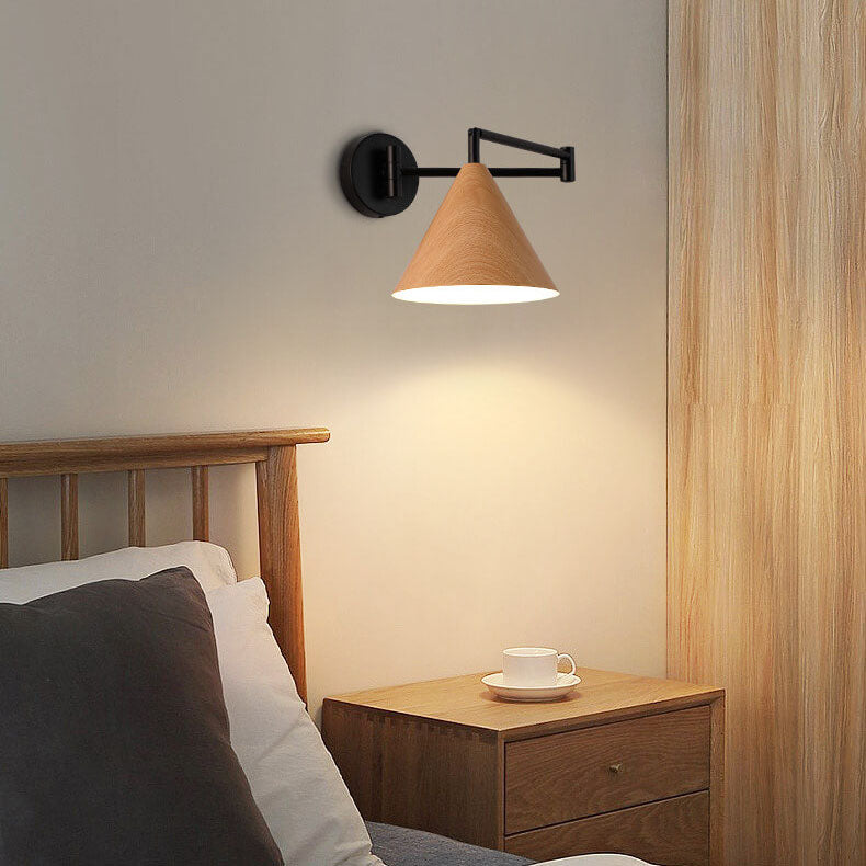 Nordic Swing Arm Sconce with Wood Cone Shade