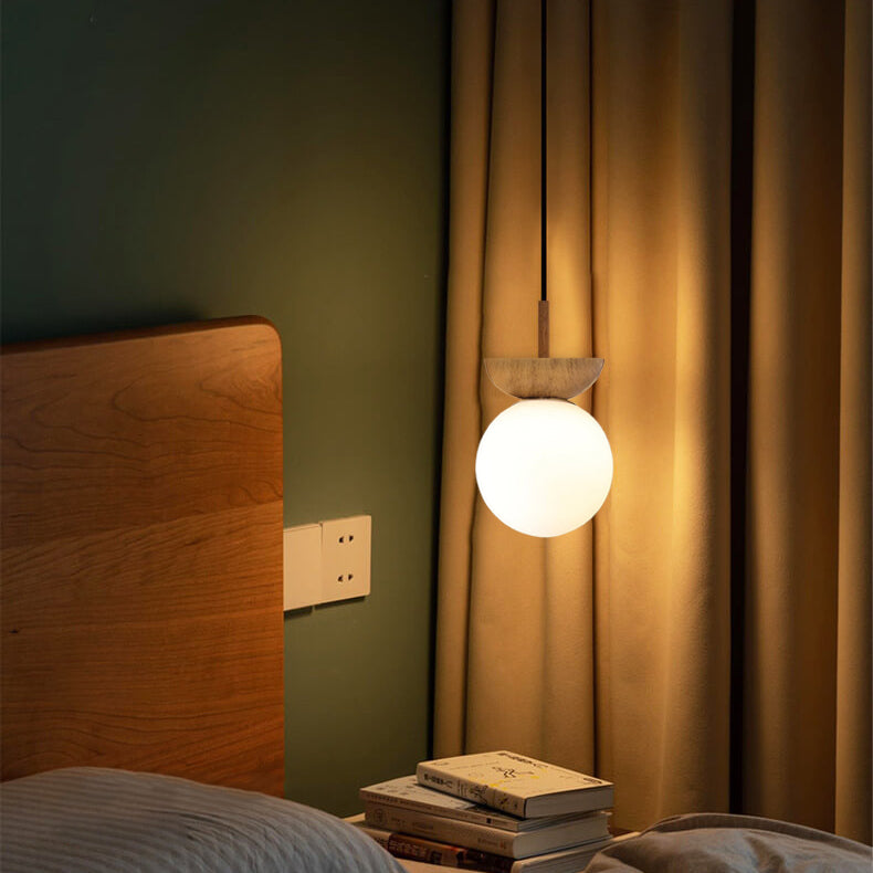 Nordic Wood Globe Ceiling Light Frosted Glass