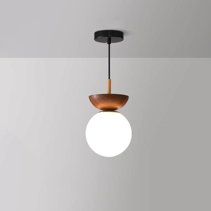 Nordic Wood Globe Ceiling Light Frosted Glass