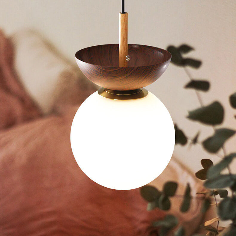 Nordic Wood Globe Ceiling Light Frosted Glass