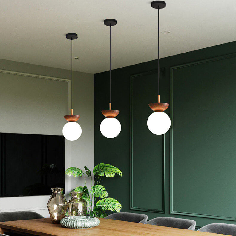 Nordic Wood Globe Ceiling Light Frosted Glass