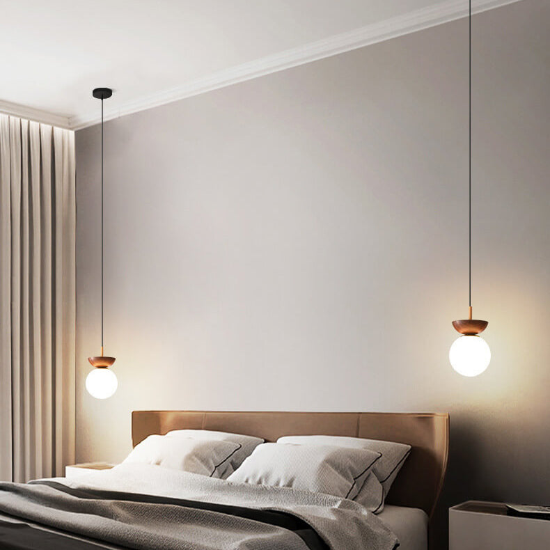 Nordic Wood Globe Ceiling Light Frosted Glass