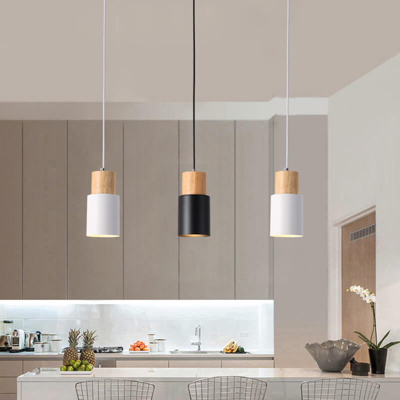 Nordic Wood Pendant Light with Metal Cylinder