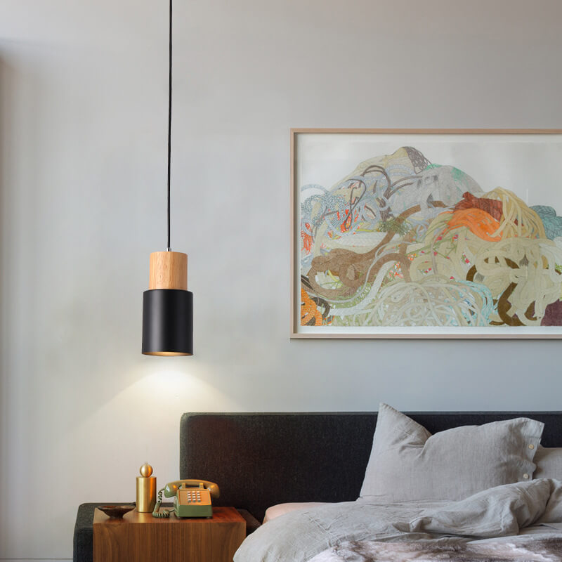 Nordic Wood Pendant Light with Metal Cylinder