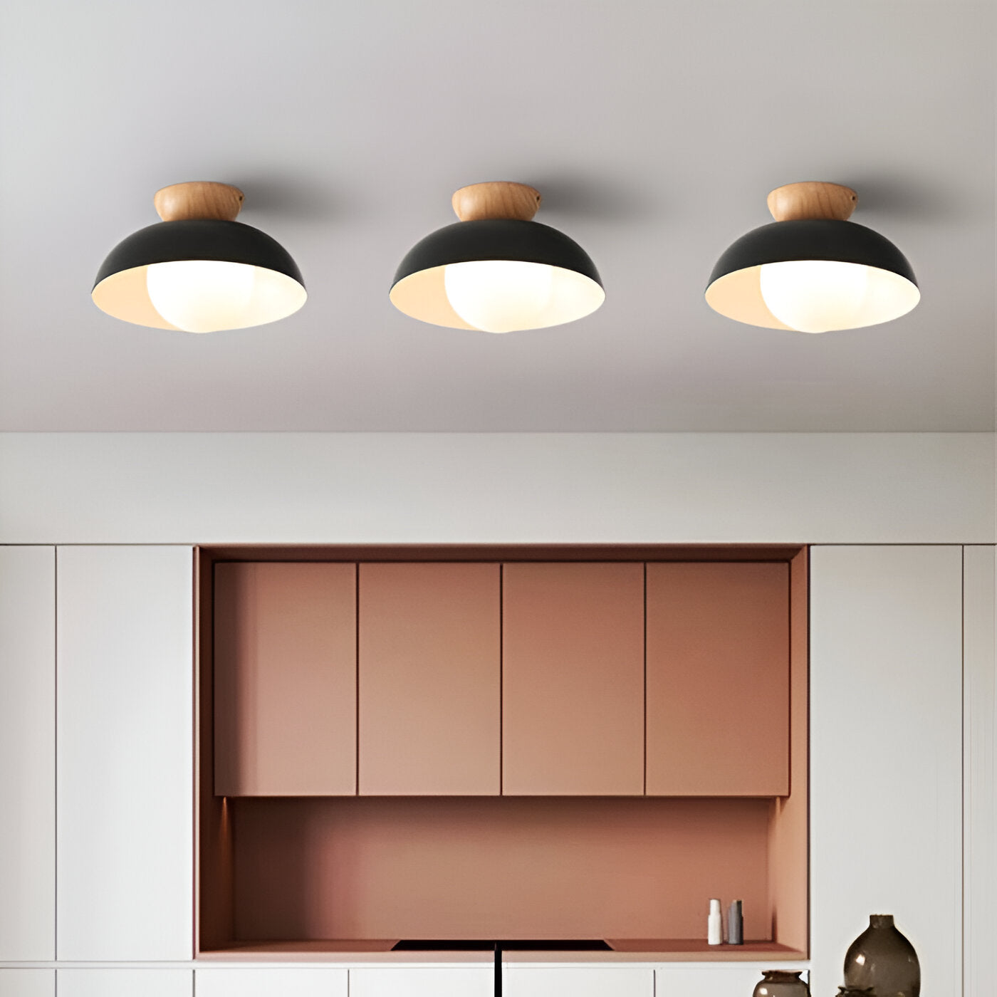 Modern Glass Dome Ceiling Light Wood Accent