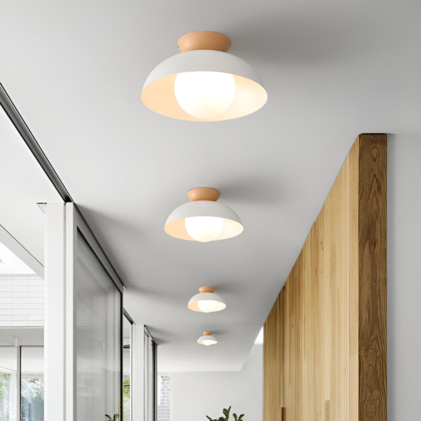 Modern Glass Dome Ceiling Light Wood Accent