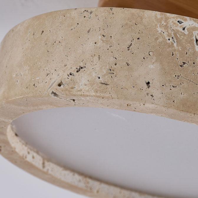 Round Travertine Ceiling Light with Wood Trim