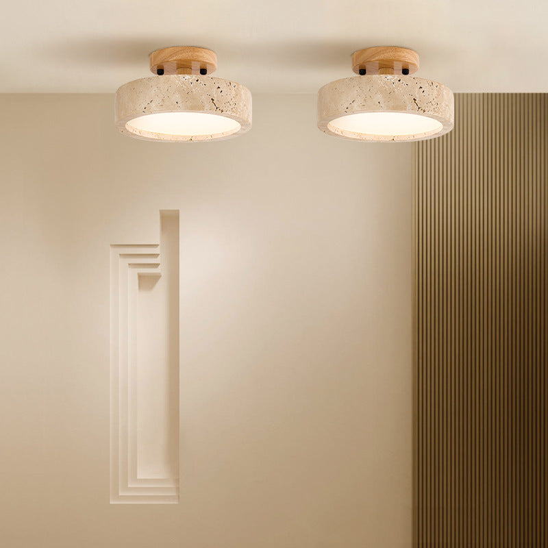 Round Travertine Ceiling Light with Wood Trim