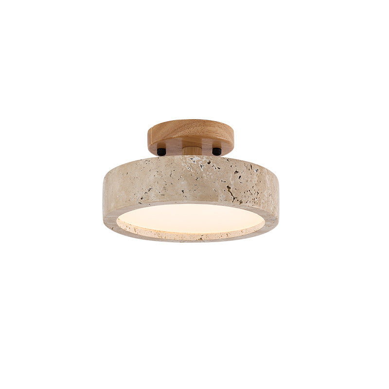 Round Travertine Ceiling Light with Wood Trim