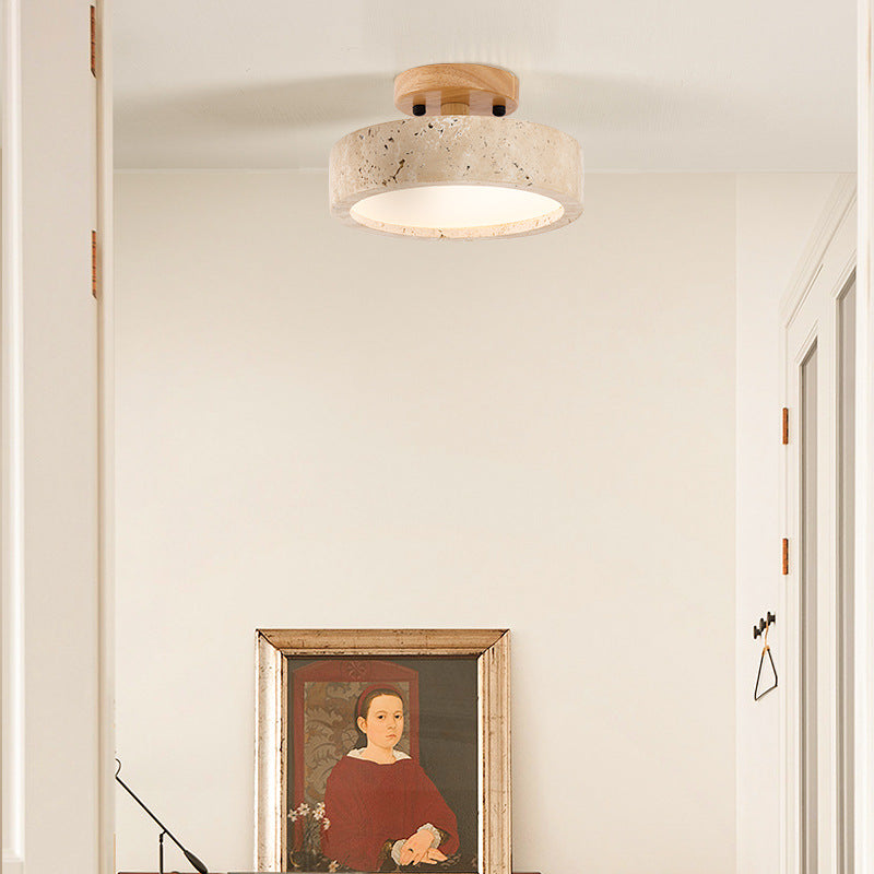 Round Travertine Ceiling Light with Wood Trim