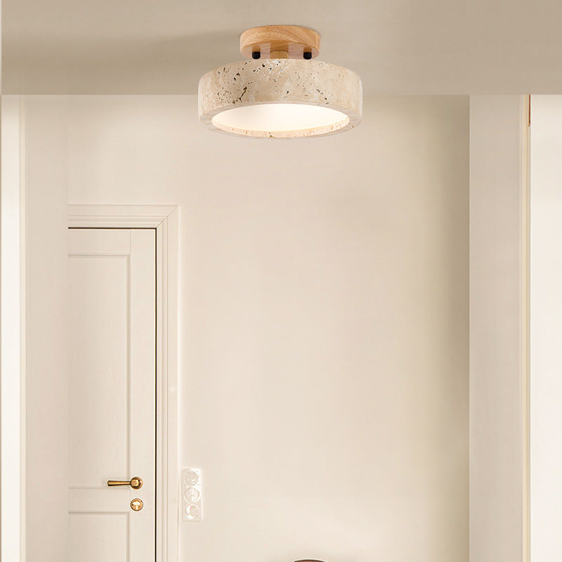 Round Travertine Ceiling Light with Wood Trim