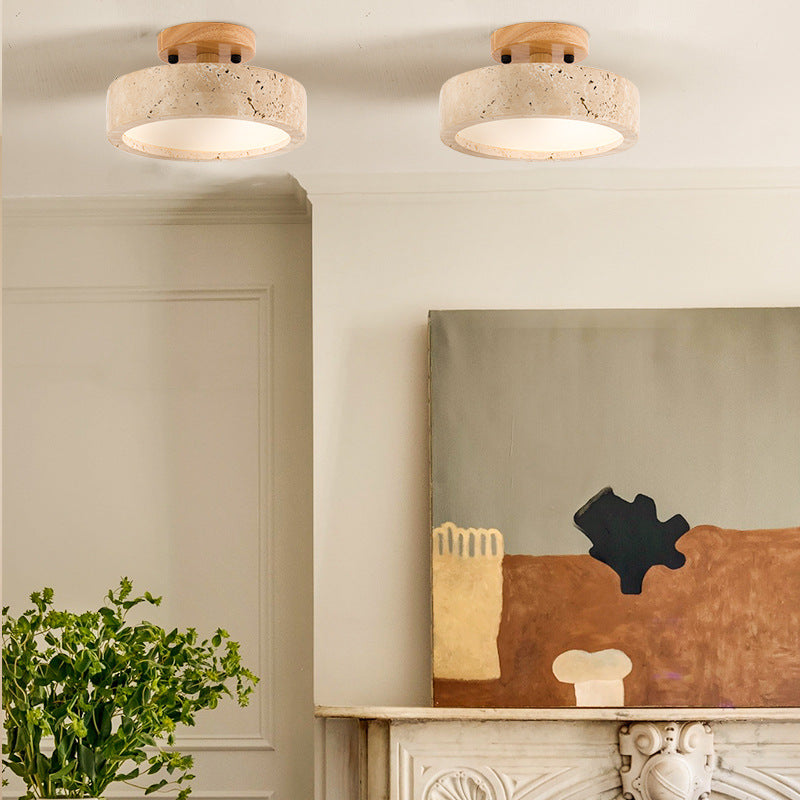 Round Travertine Ceiling Light with Wood Trim