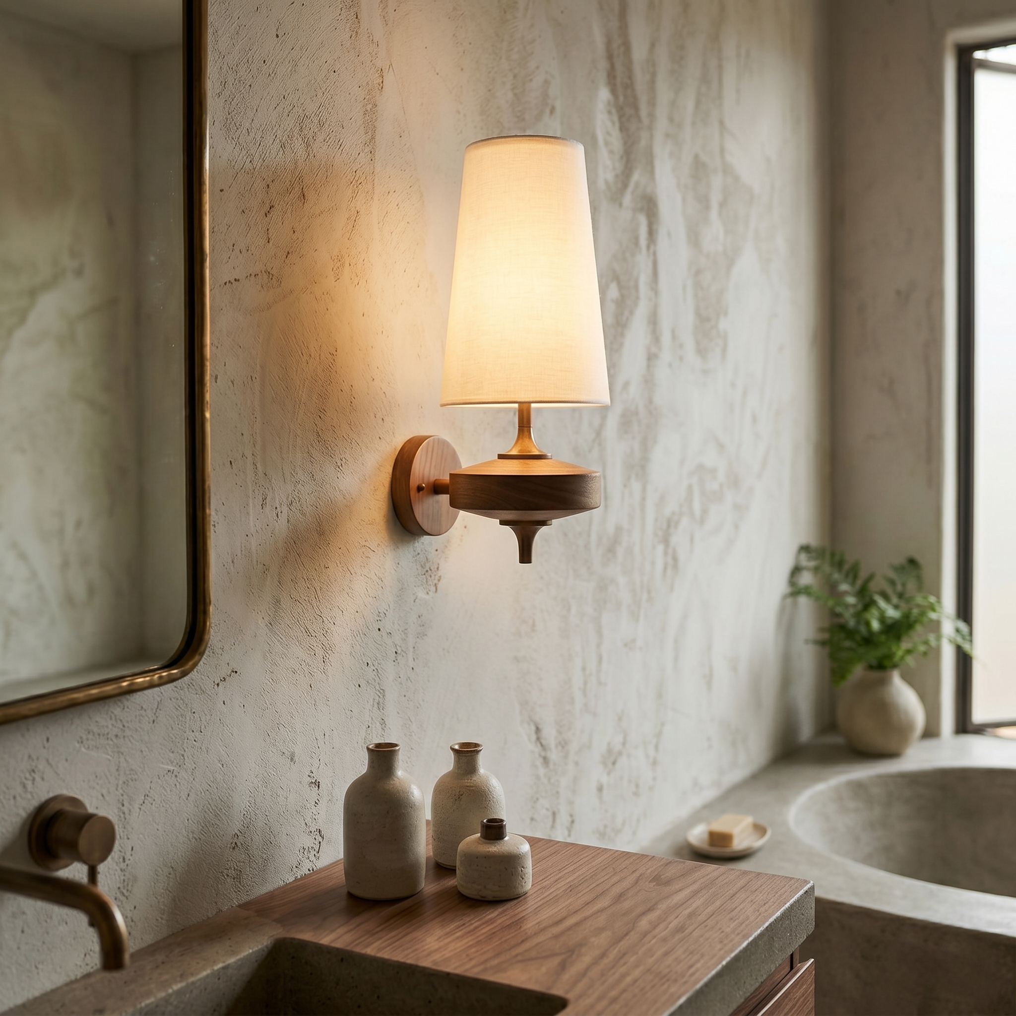 Walnut Double Wall Sconce with Fabric Shades