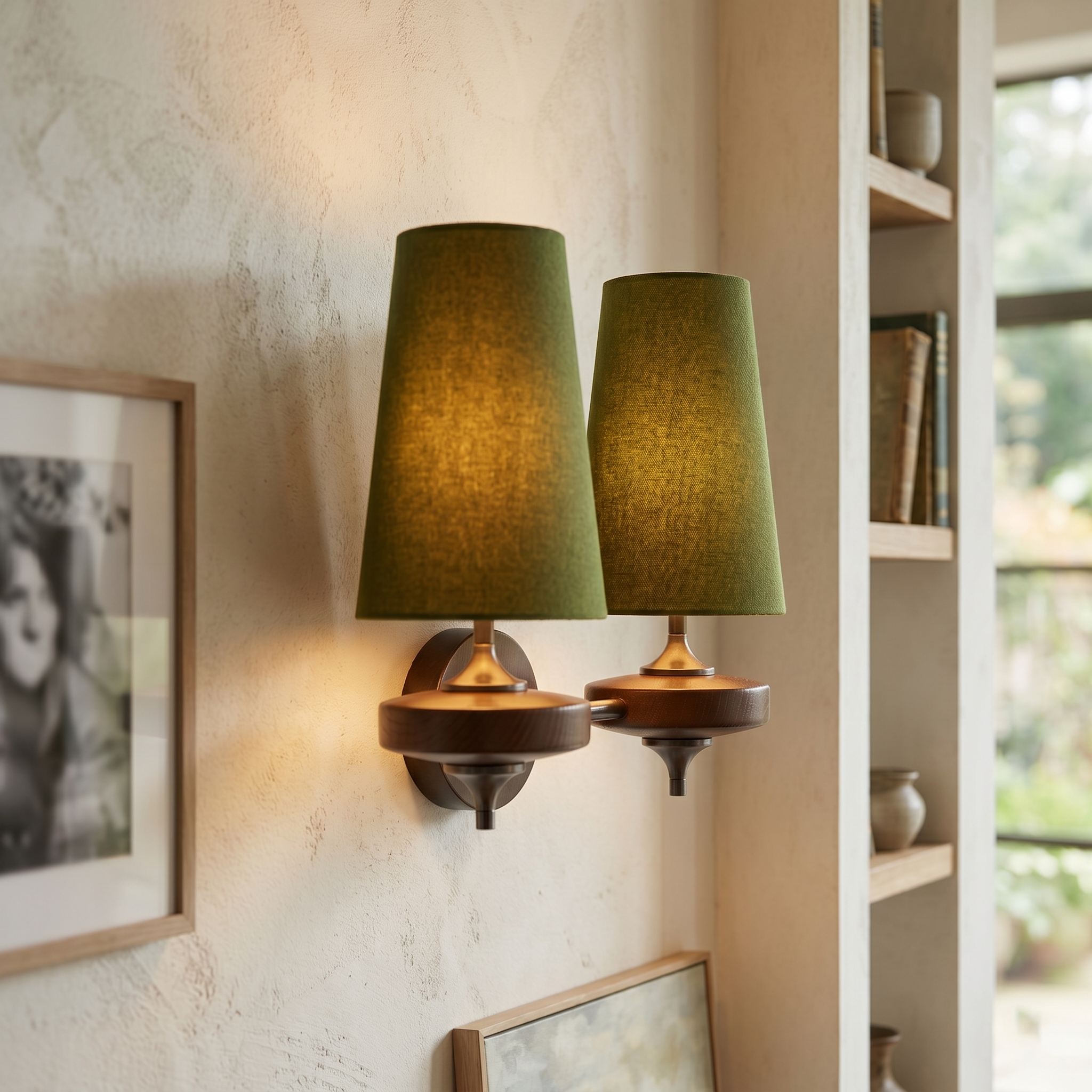 Walnut Double Wall Sconce with Fabric Shades