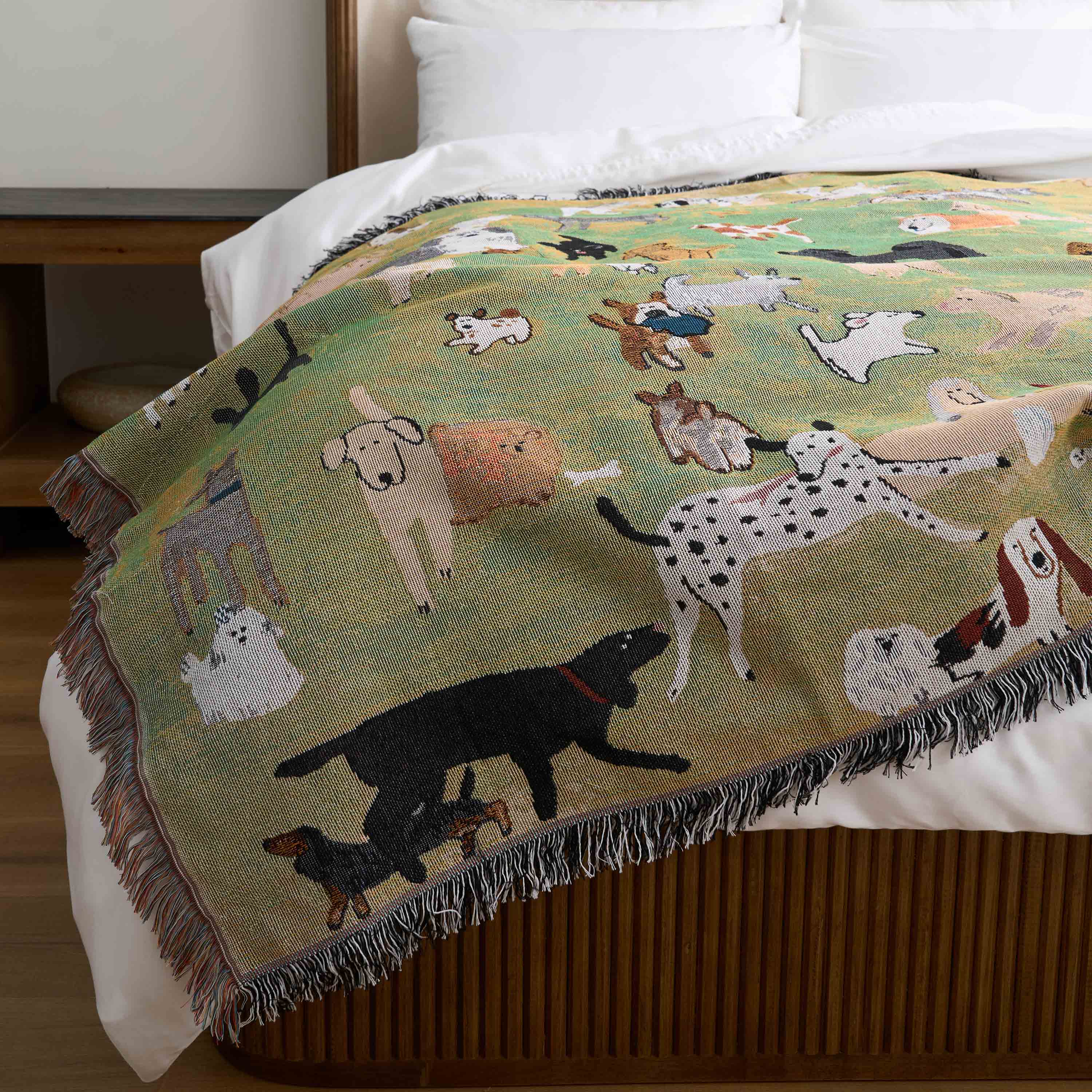 Playful Dog Print Throw Blanket with Fringe