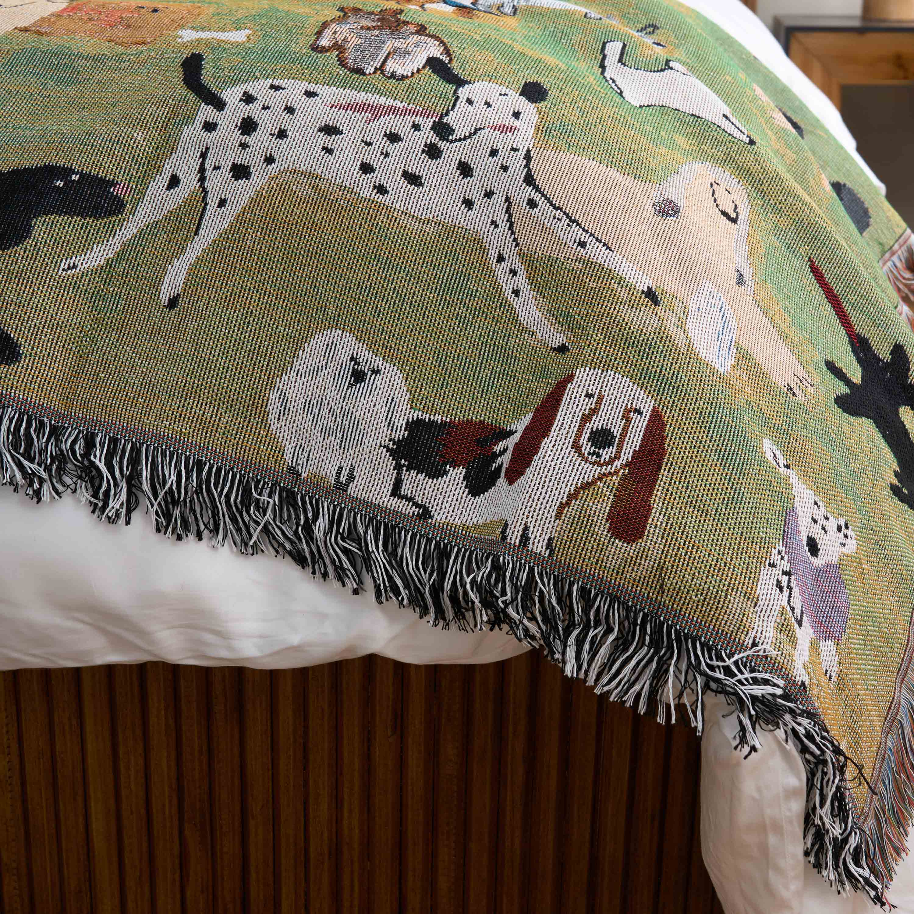 Playful Dog Print Throw Blanket with Fringe
