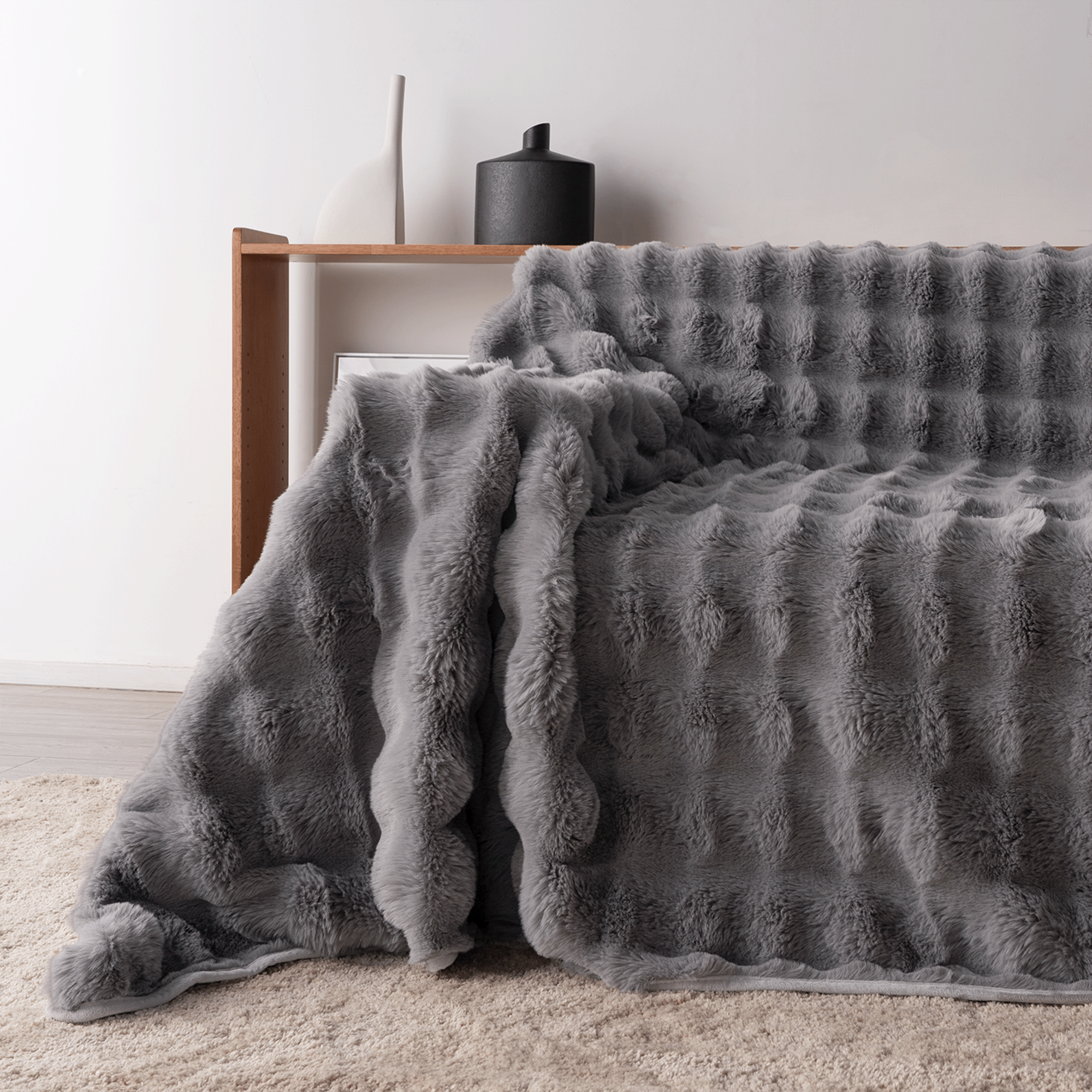 Plush Faux Fur Sofa Cover with Ribbed Texture