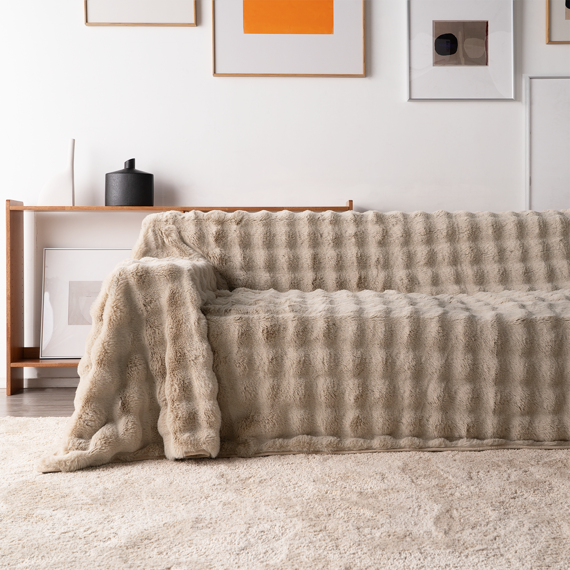 Plush Faux Fur Sofa Cover with Ribbed Texture