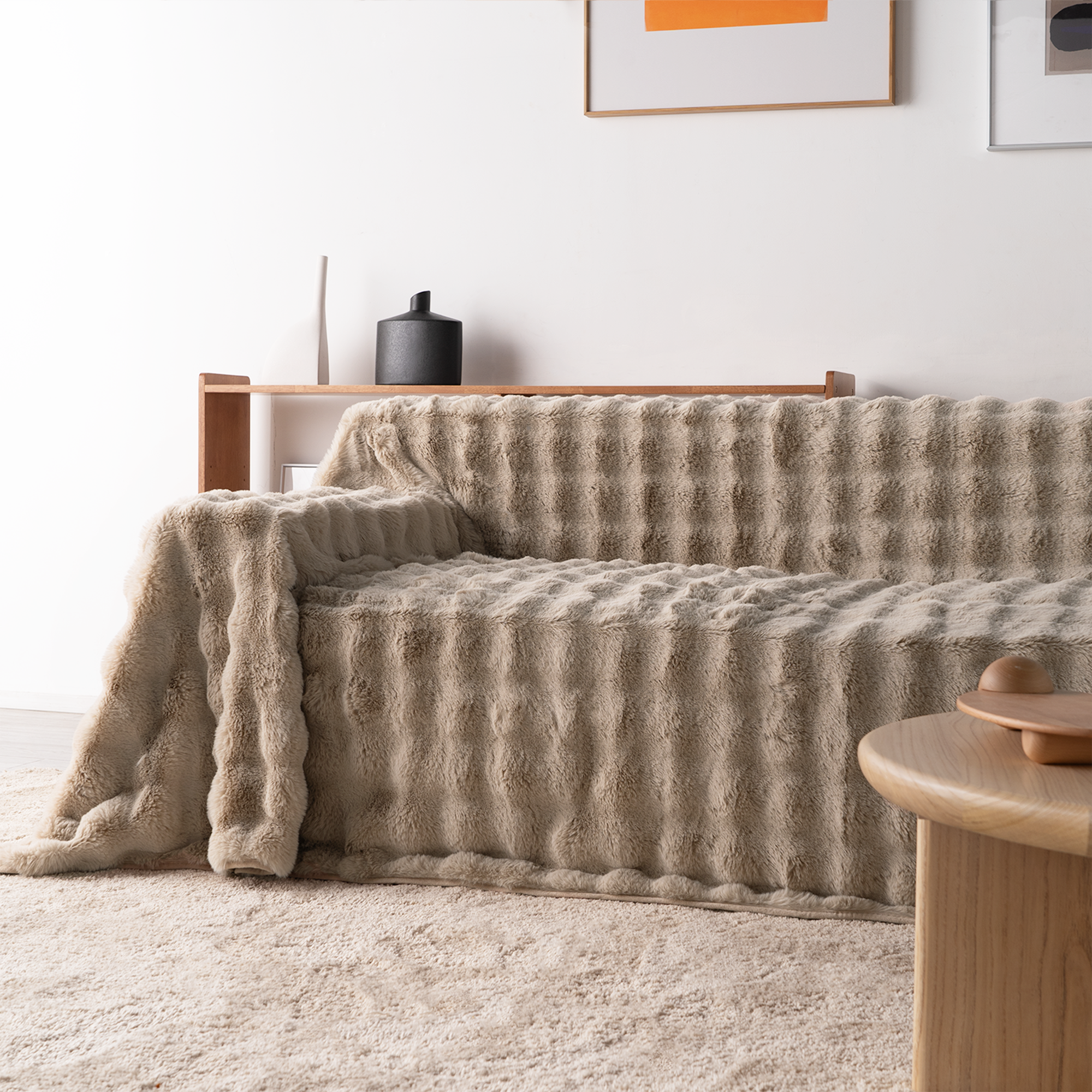 Plush Faux Fur Sofa Cover with Ribbed Texture