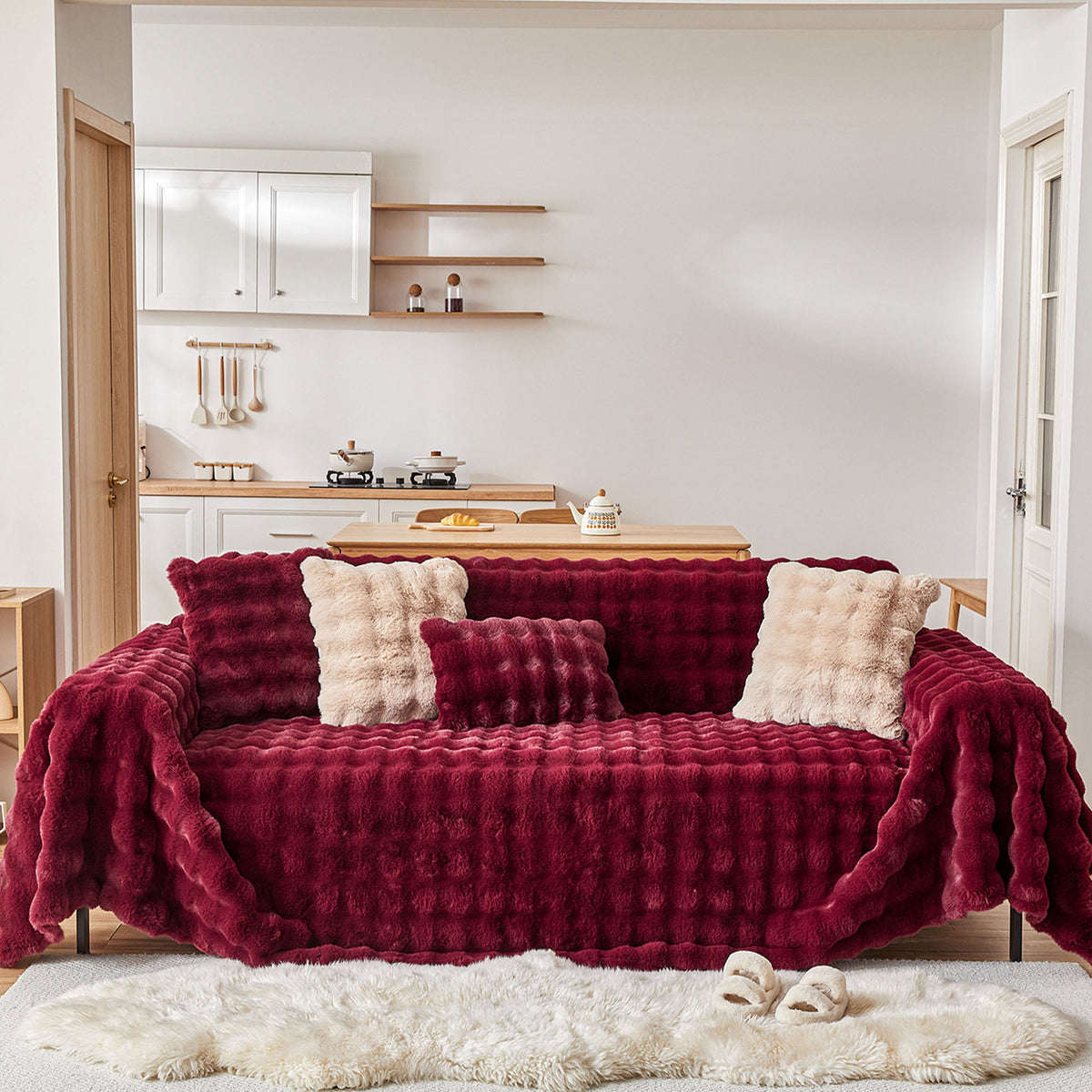 Plush Faux Fur Sofa Cover with Ripple Texture