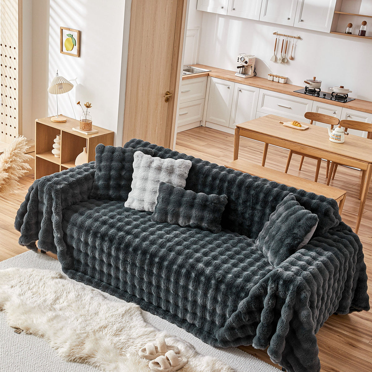 Plush Faux Fur Sofa Cover with Ripple Texture