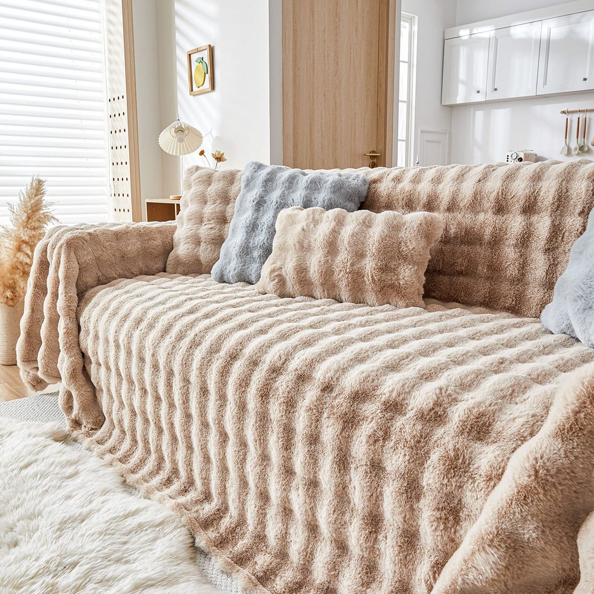 Plush Faux Fur Sofa Cover with Ripple Texture