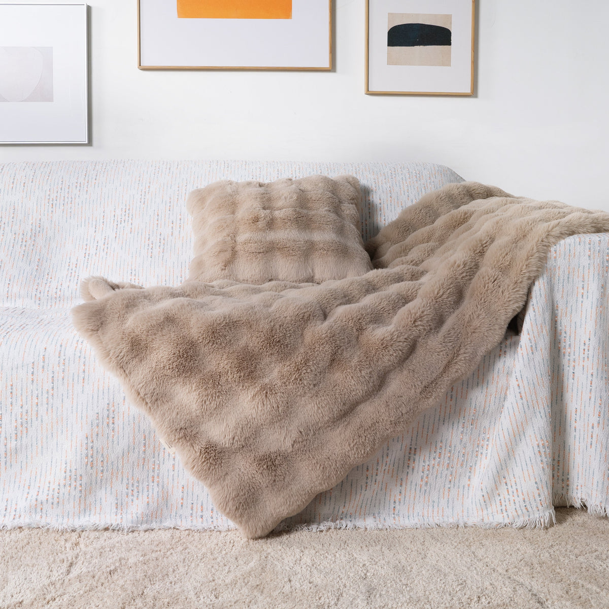 Plush Faux Fur Throw Set with Pillow Cover