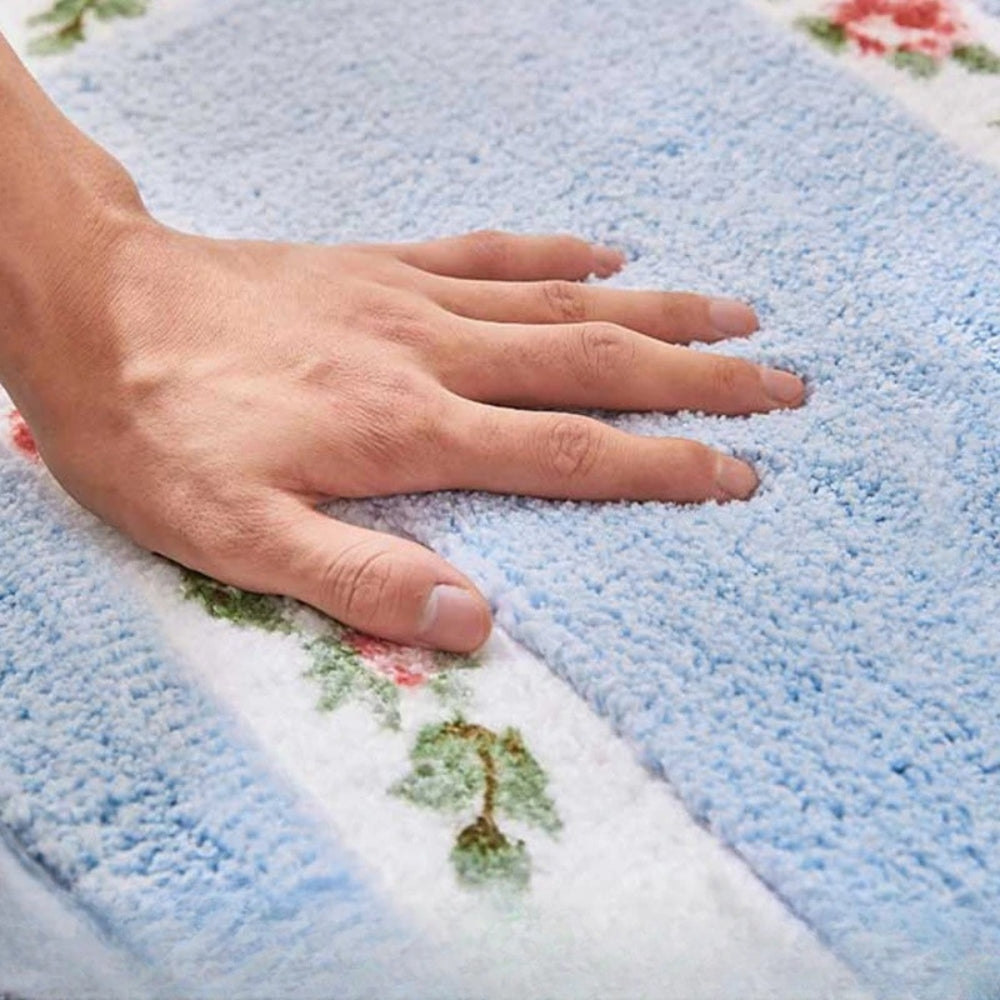 Plush Floral Oval Bath Mat with Rose Border