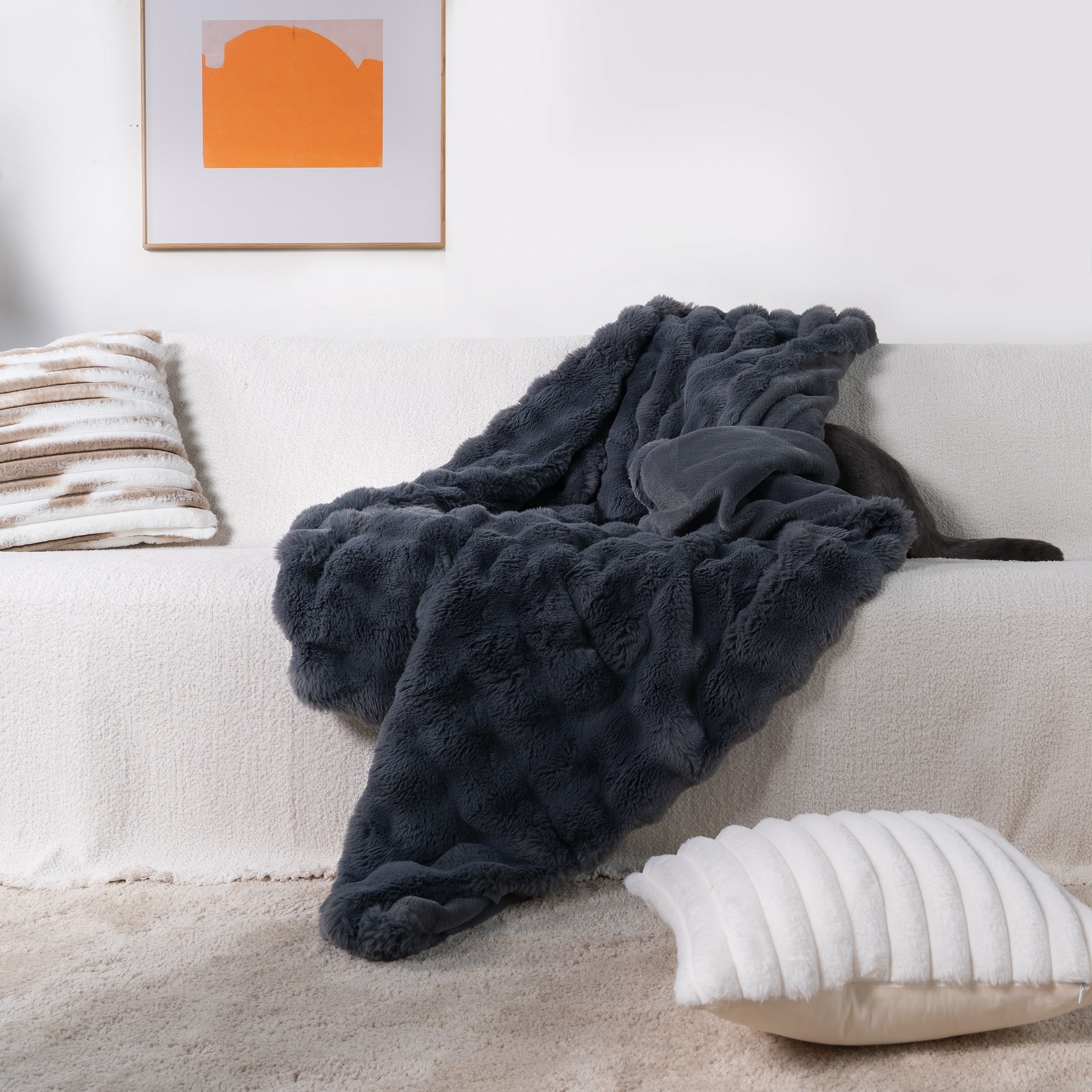Plush Rabbit Fur Throw with Ruched Texture