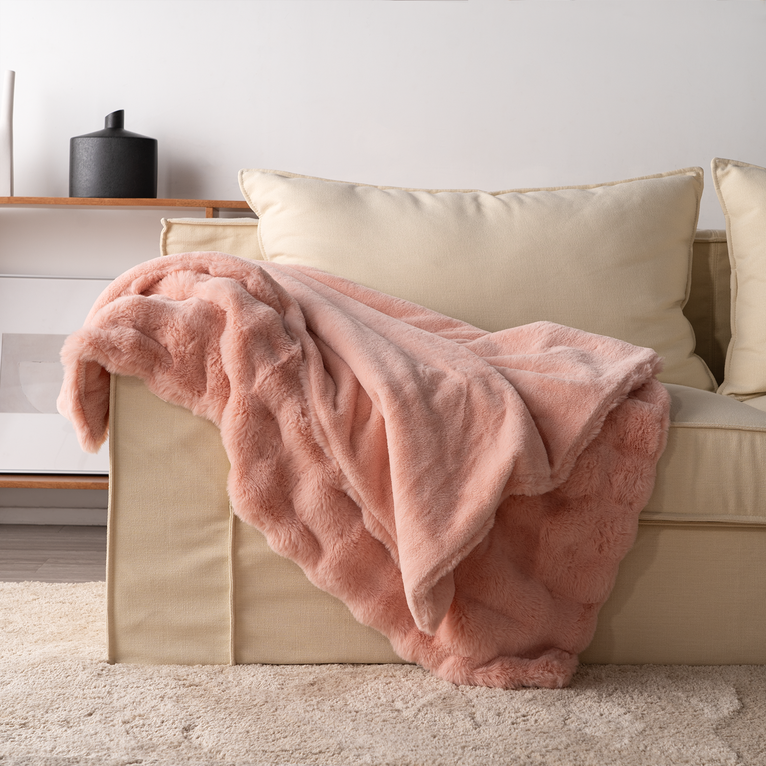 Plush Rabbit Fur Throw with Ruched Texture