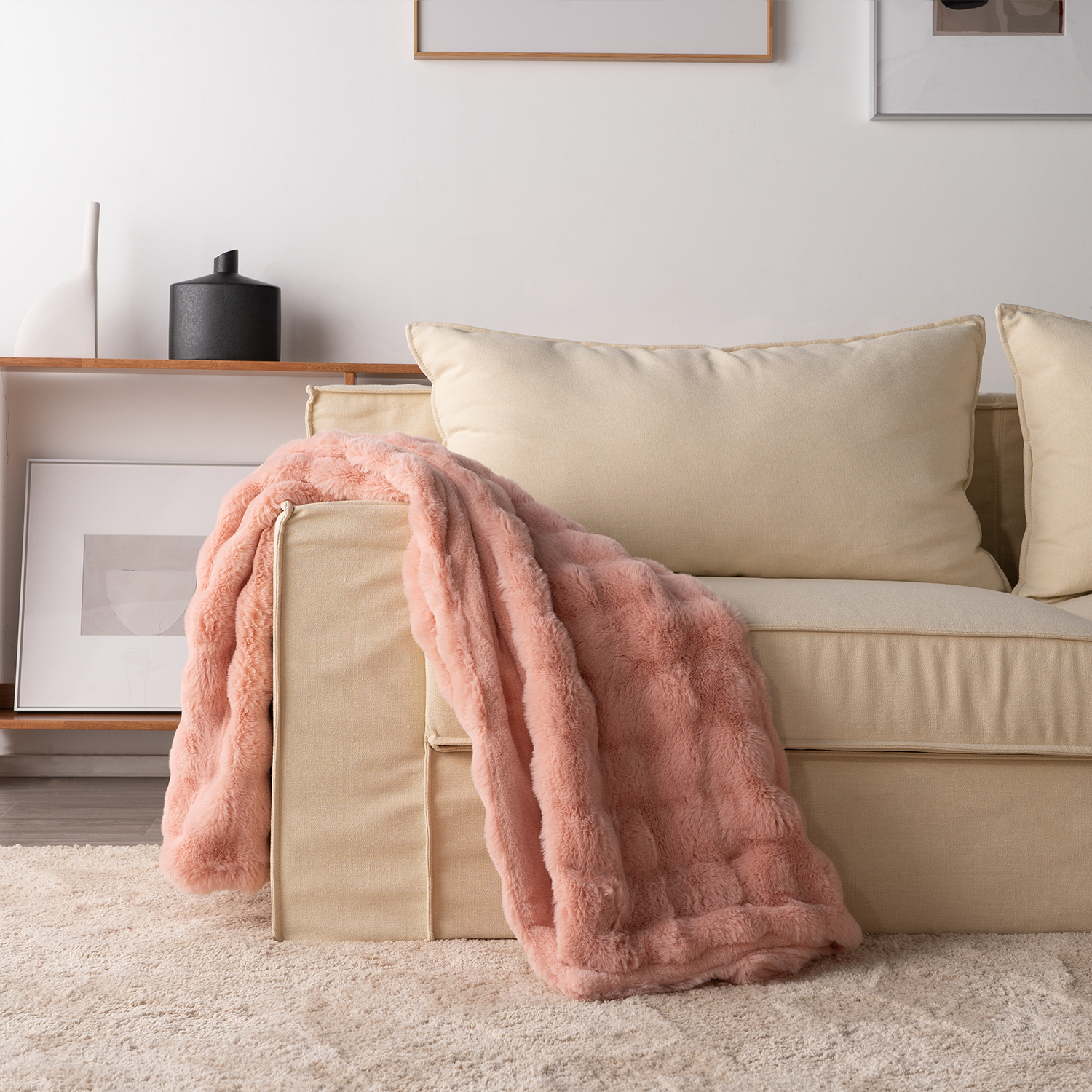 Plush Rabbit Fur Throw with Ruched Texture