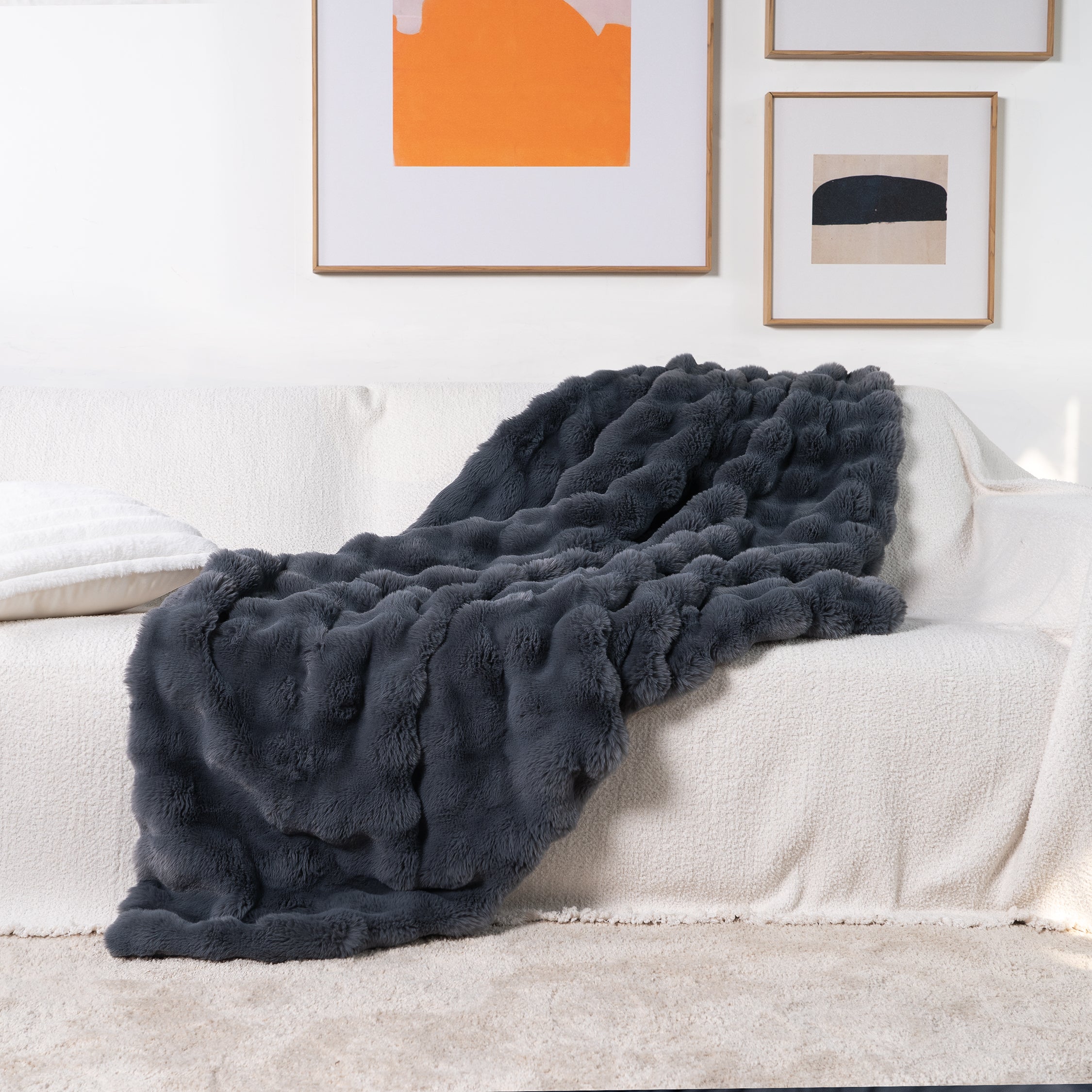 Plush Rabbit Fur Throw with Ruched Texture
