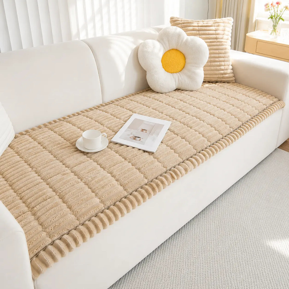 Plush Sofa Cover with Ribbed Texture