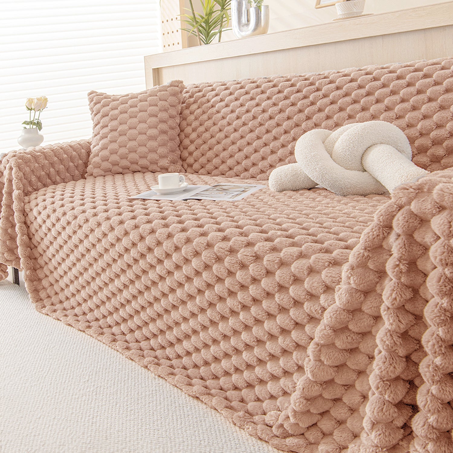 Plush Textured Sofa Cover with Bubble Knit