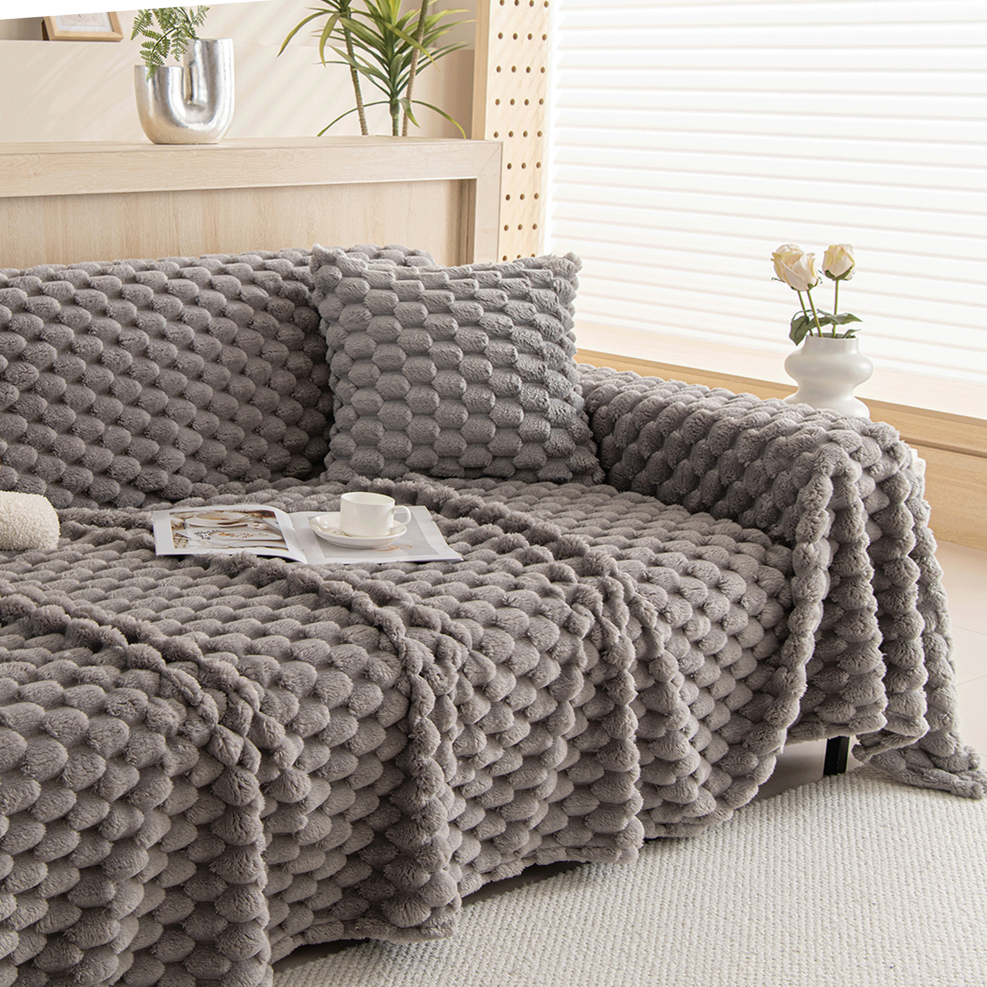 Plush Textured Sofa Cover with Bubble Knit