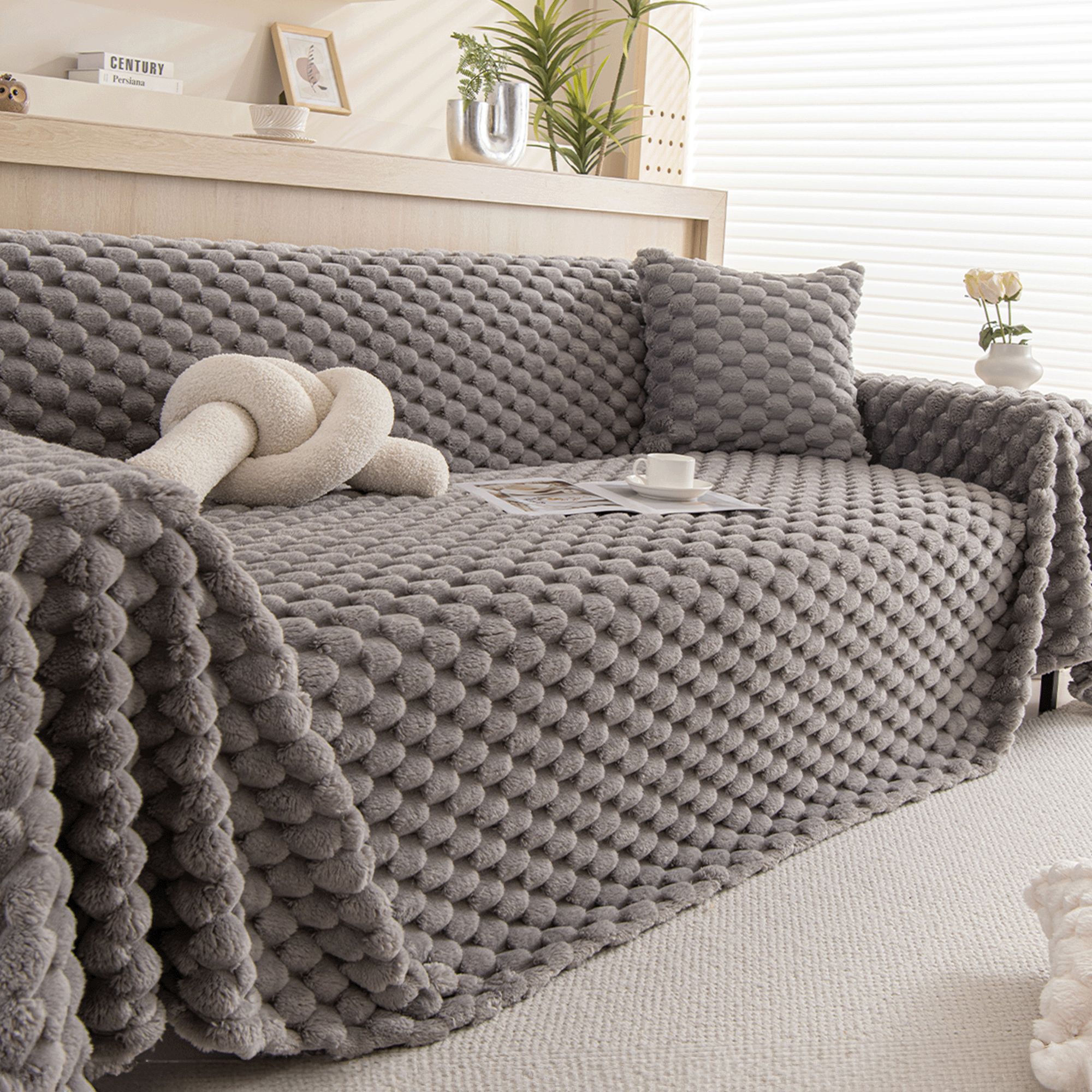 Plush Textured Sofa Cover with Bubble Knit
