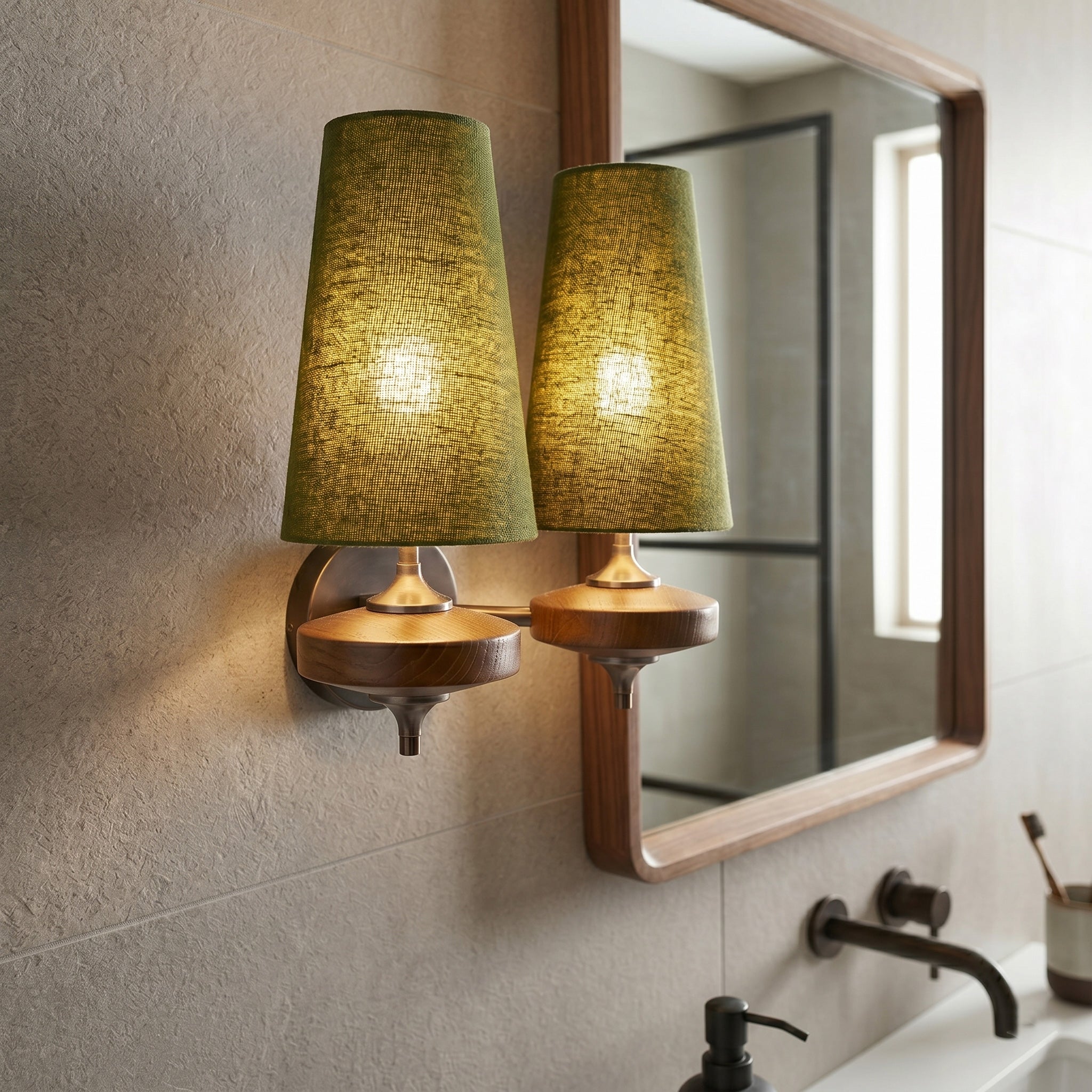 Walnut Double Wall Sconce with Fabric Shades